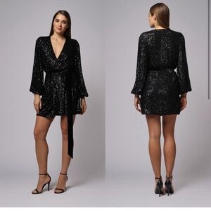 NWT Jay Godfrey Black Polly Sequined Mini Wrap Dress Size 8